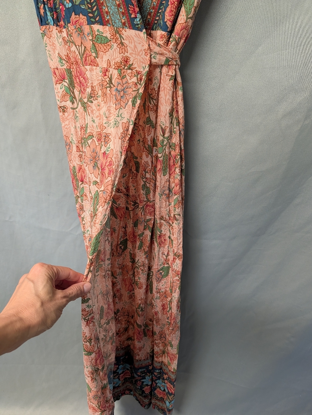 Bohemian Peach Floral Wrap And Tie Maxi Dress with Contrasting Border Size L - Picture 10 of 16